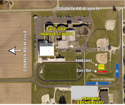 Aerial map of East Tipp Middle School showing food lines, carry-out, and handicap parking